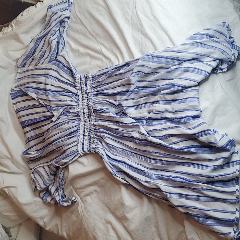 White and blue striped midi dress